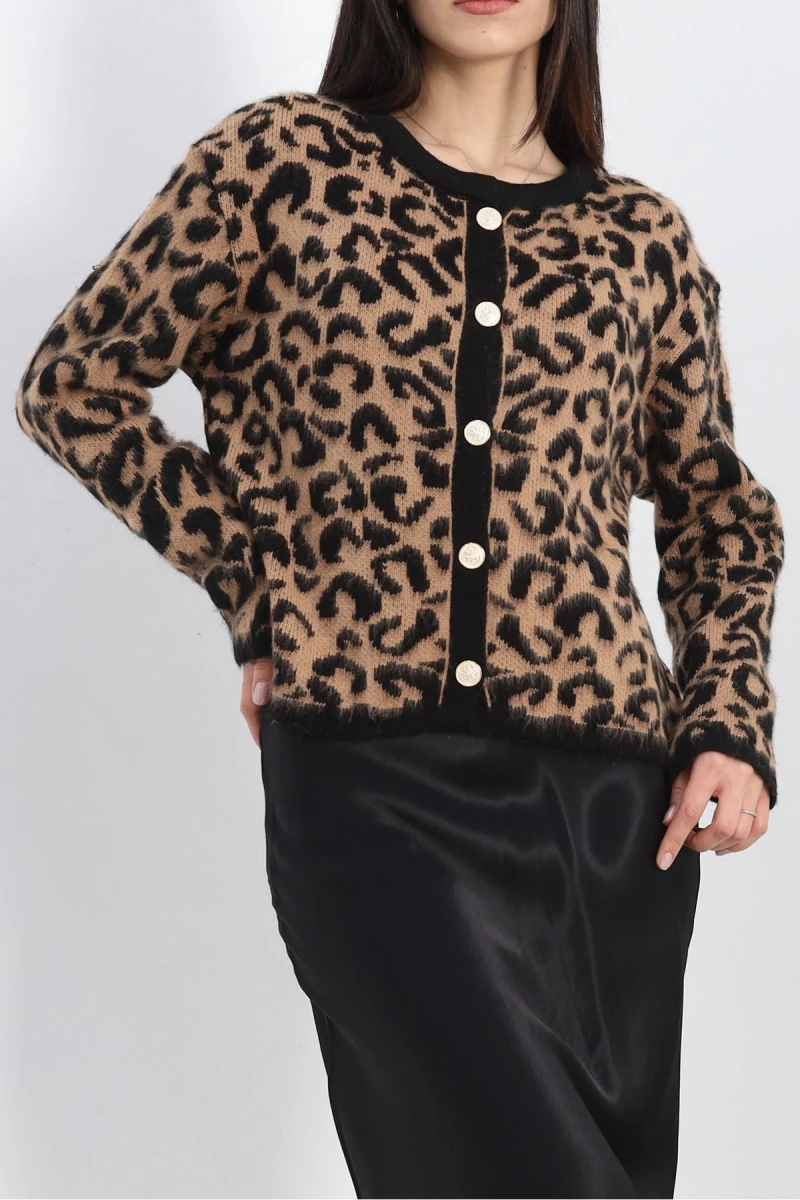Gold Düğmeli Leopar Desen Camel Hırka AY261