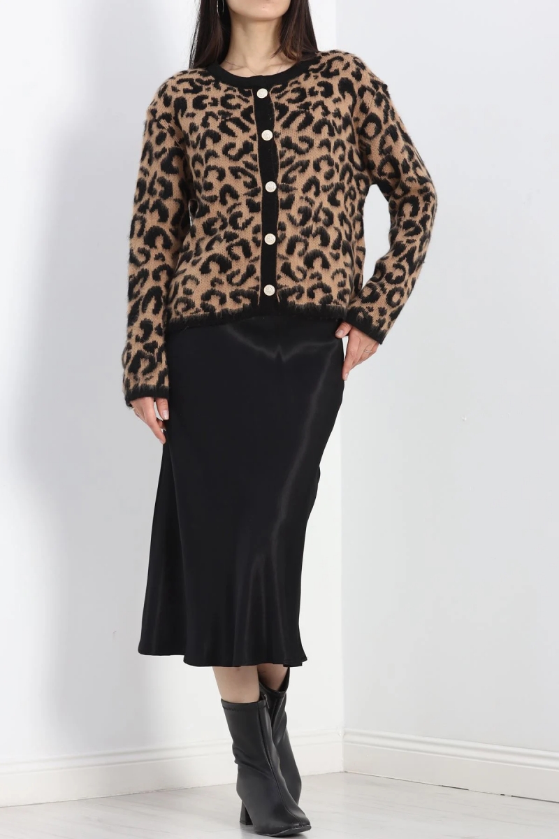 Gold Düğmeli Leopar Desen Camel Hırka AY261