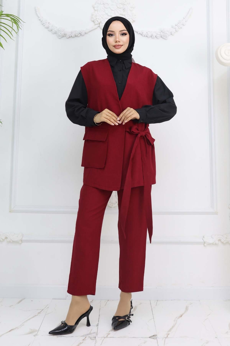 Bağlamalı Yelek Pantolon Takım Bordo AY13289