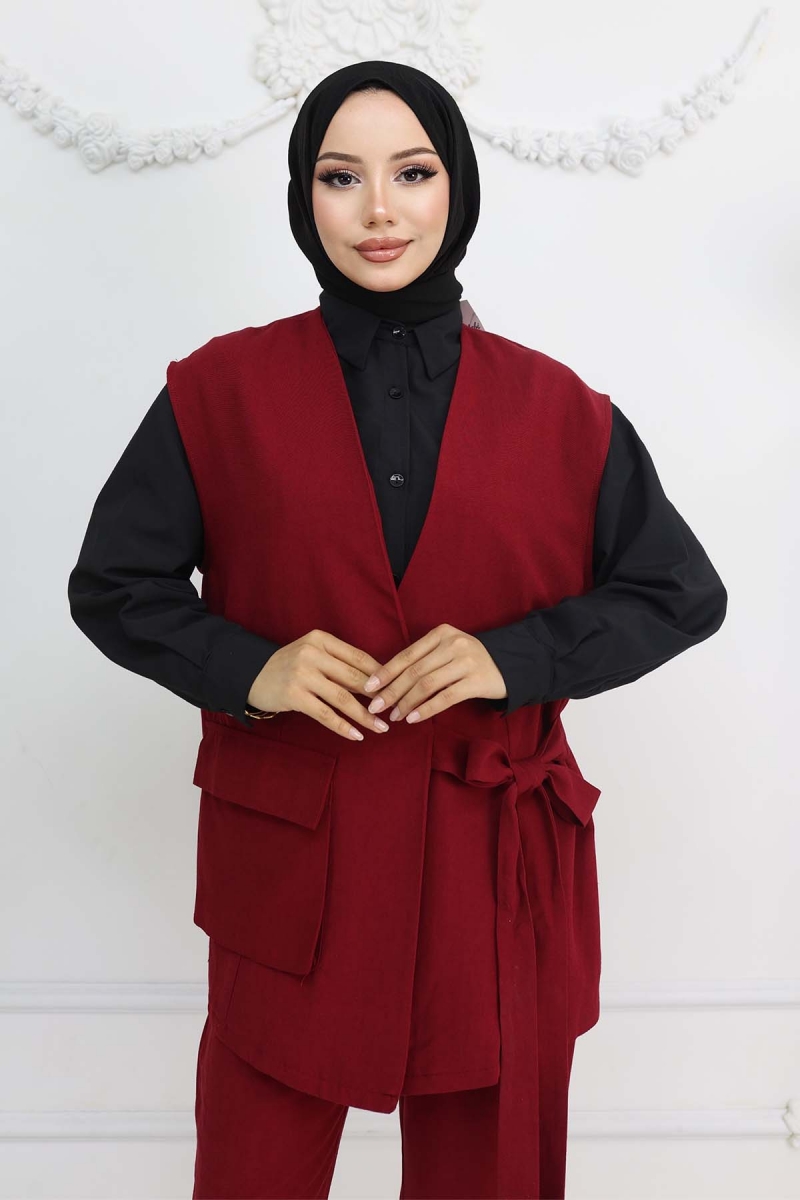 Bağlamalı Yelek Pantolon Takım Bordo AY13289