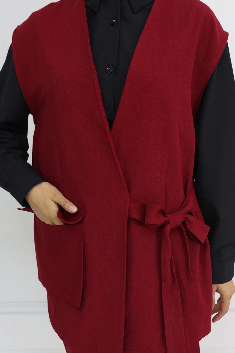 Bağlamalı Yelek Pantolon Takım Bordo AY13289
