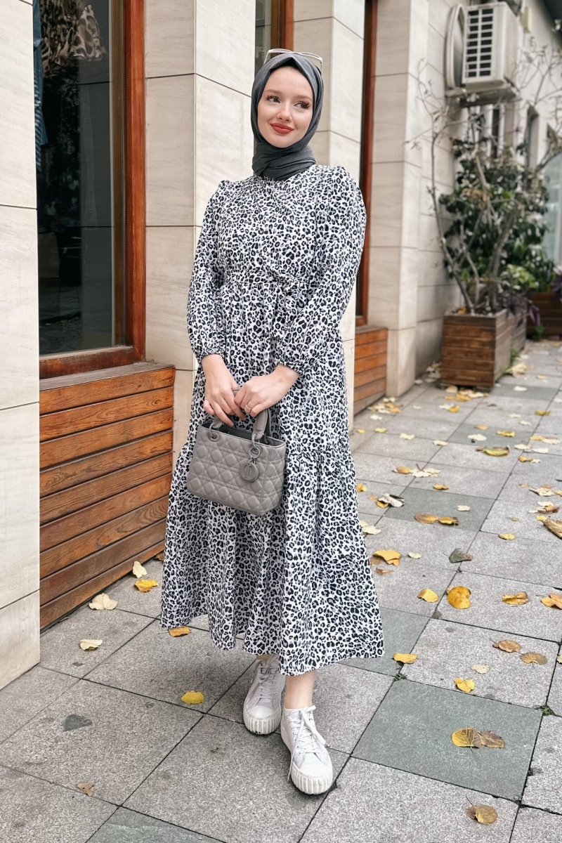 Leopar Desen Kuşaklı Siyah Elbise AY267