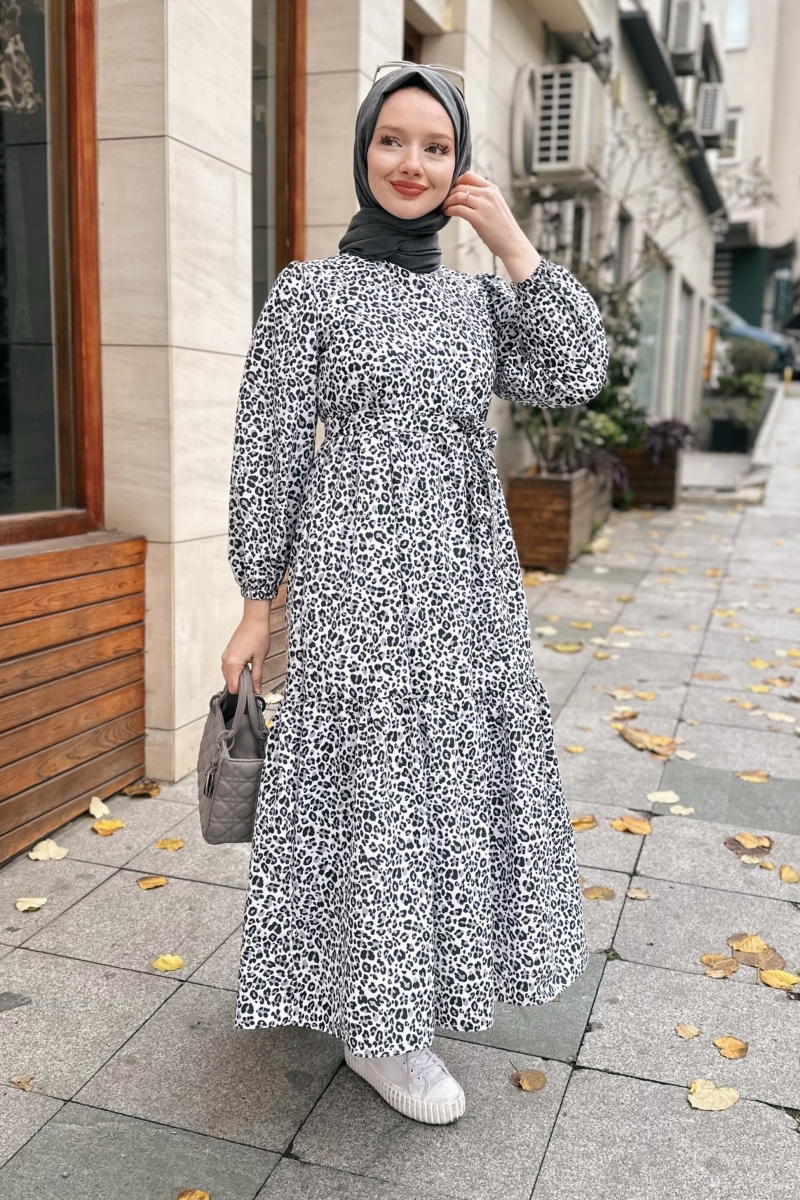 Leopar Desen Kuşaklı Siyah Elbise AY267