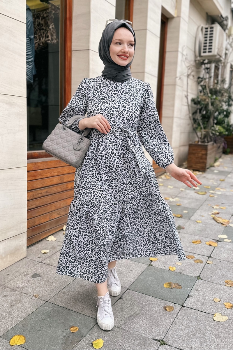Leopar Desen Kuşaklı Siyah Elbise AY267
