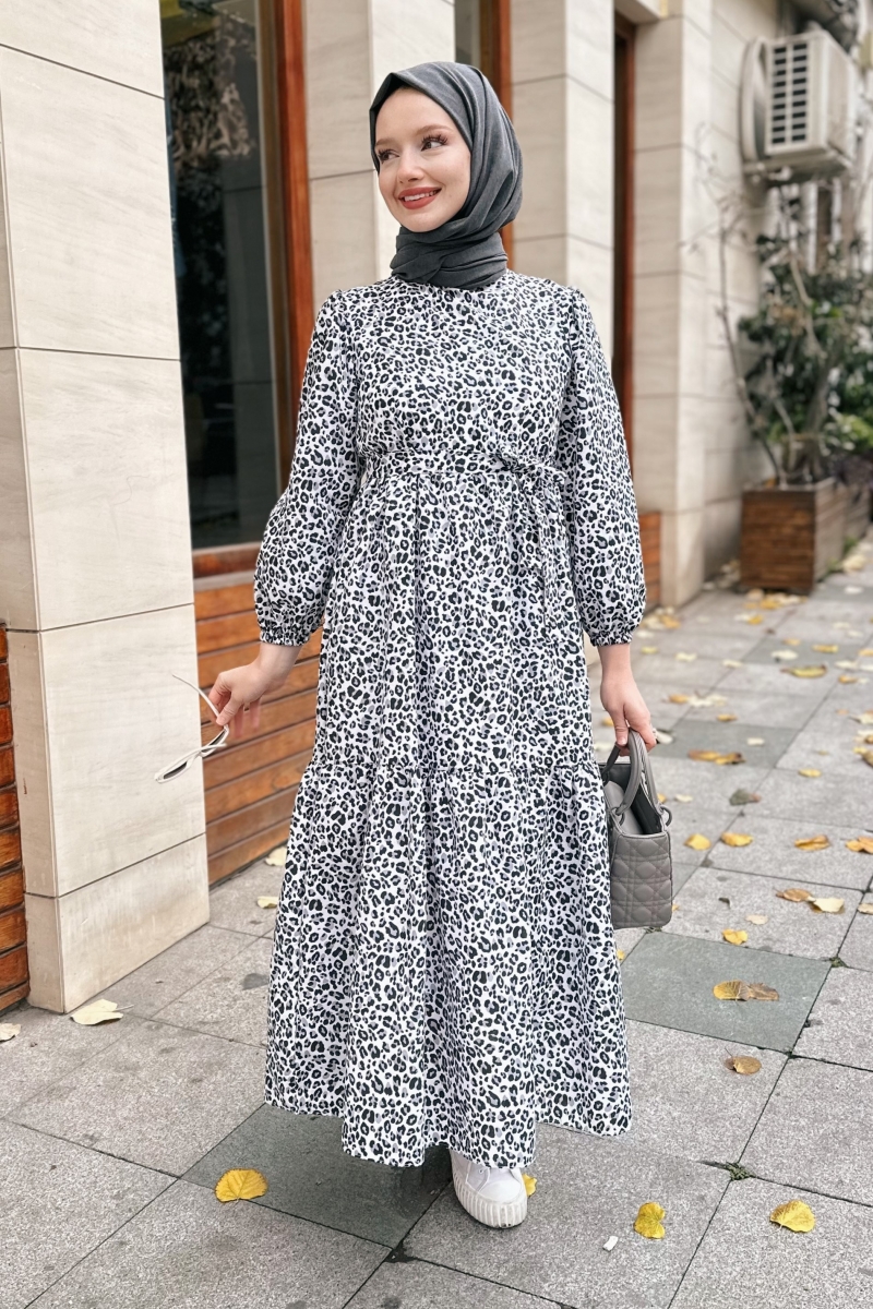 Leopar Desen Kuşaklı Siyah Elbise AY267