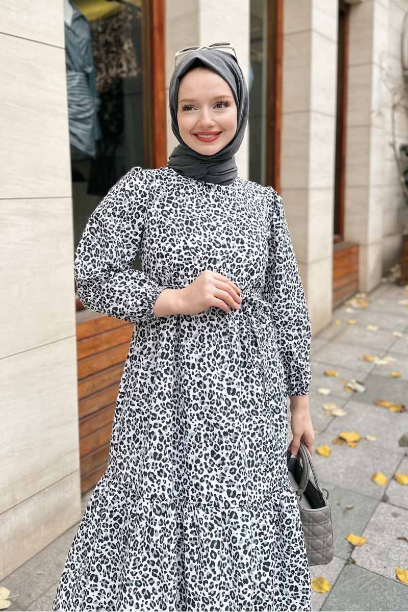 Leopar Desen Kuşaklı Siyah Elbise AY267