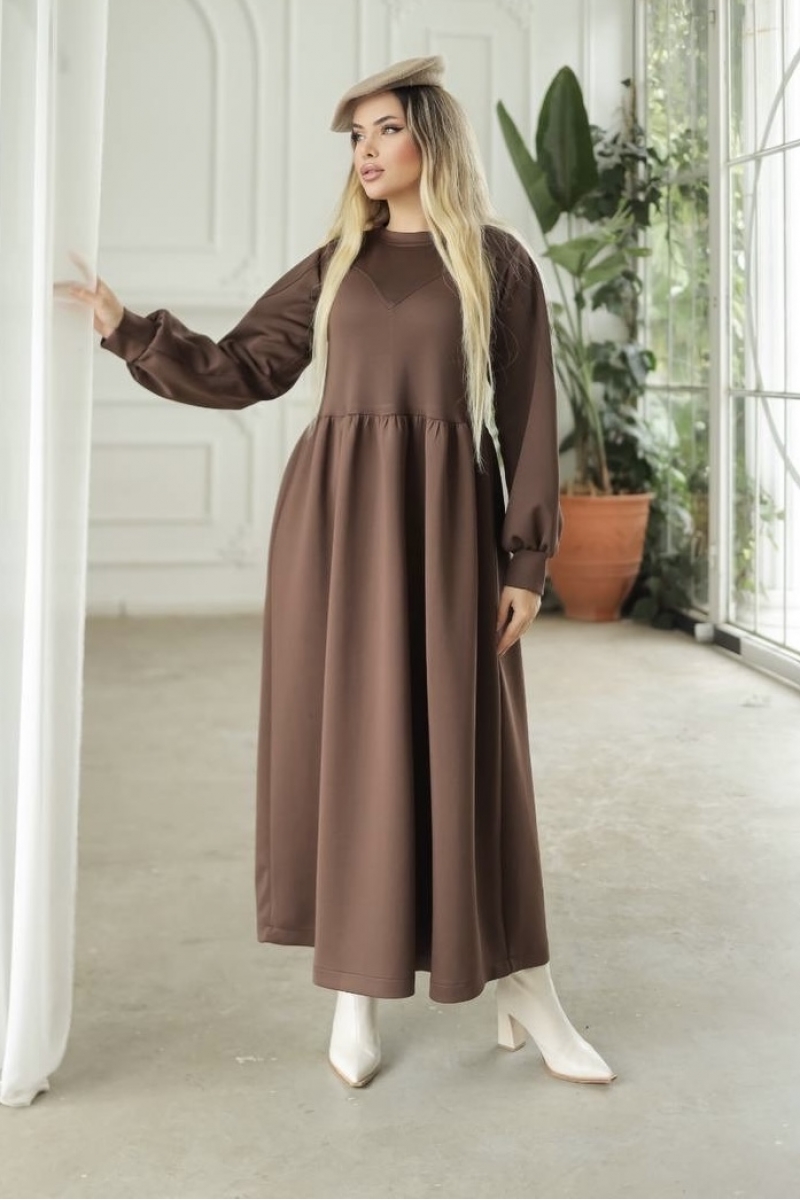 Dikişli Kahve Scuba Elbise  AY328
