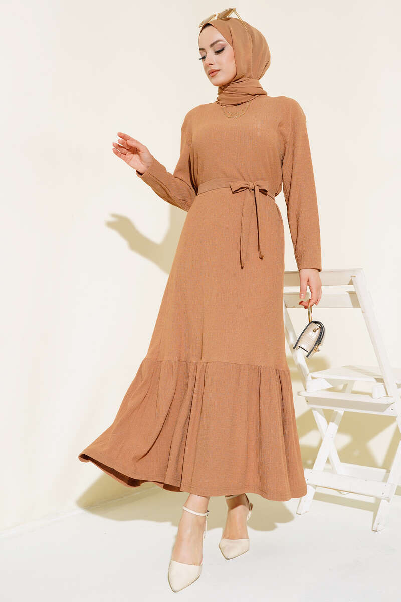 Bürümcüklü Kuşaklı Kat Elbise Camel AY490