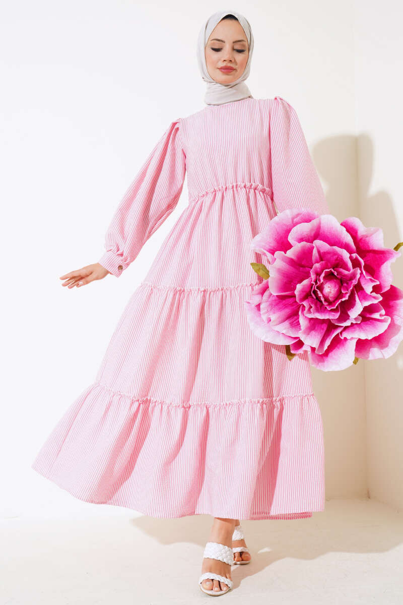 Çizgili Kat Elbise Pembe AY494