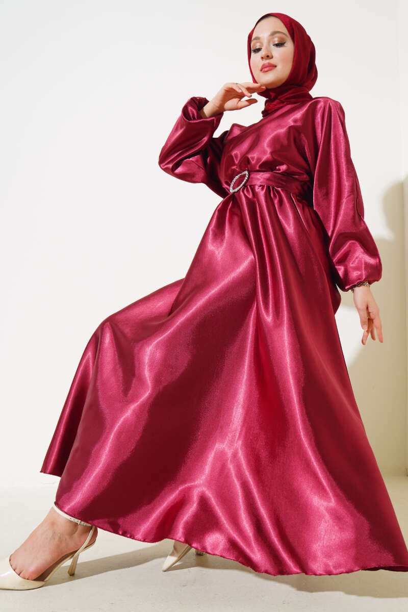 Yarasa Kol Saten Elbise Bordo AY895