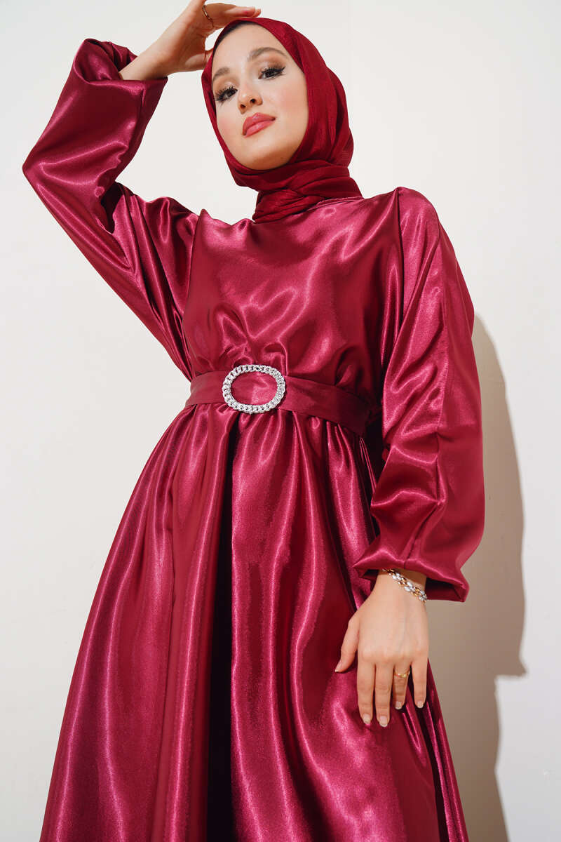 Yarasa Kol Saten Elbise Bordo AY895