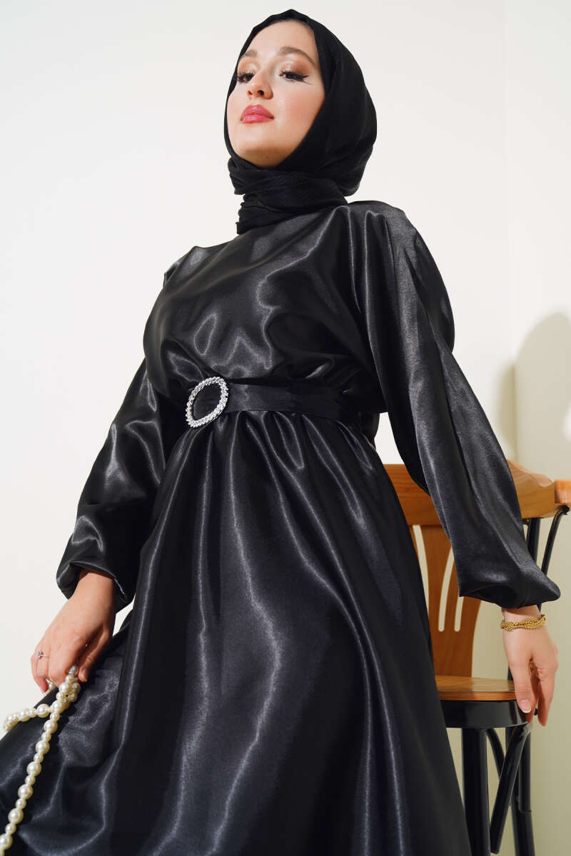 Yarasa Kol Saten Elbise Siyah AY895