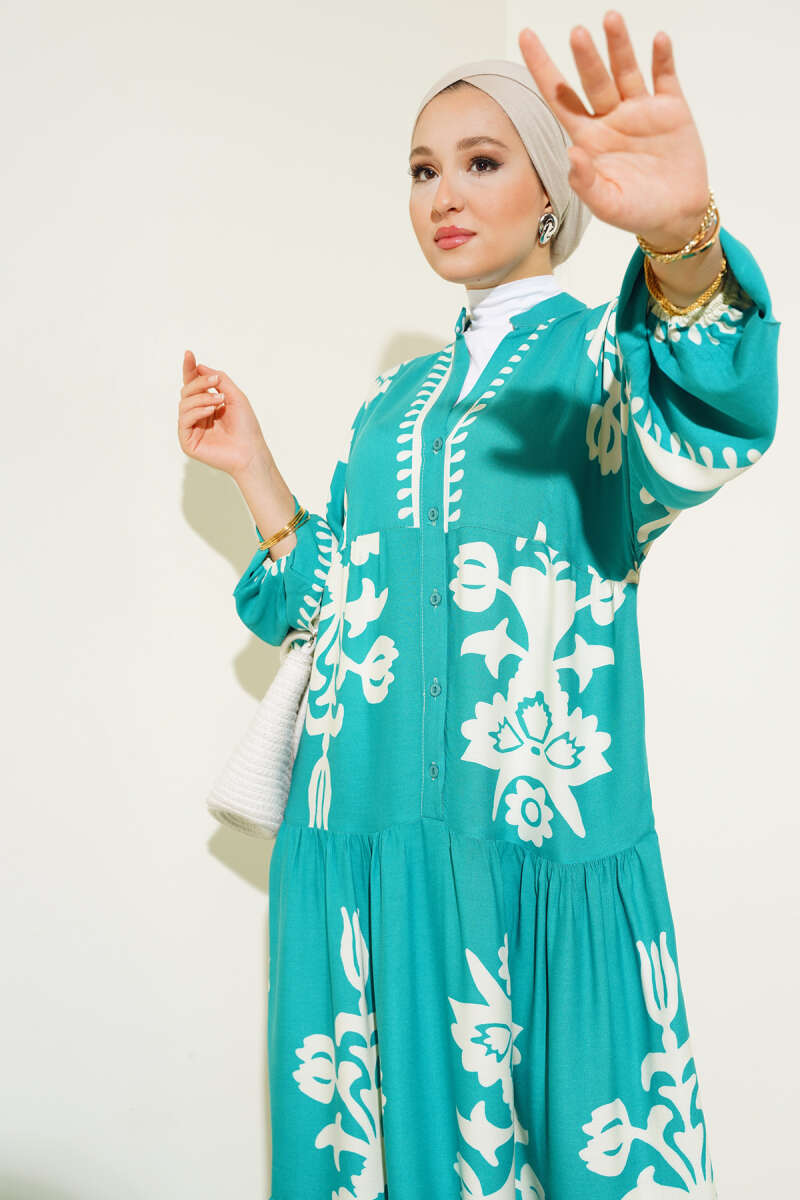 Etnik Desenli Bileği Lastikli Elbise Yeşil AY901
