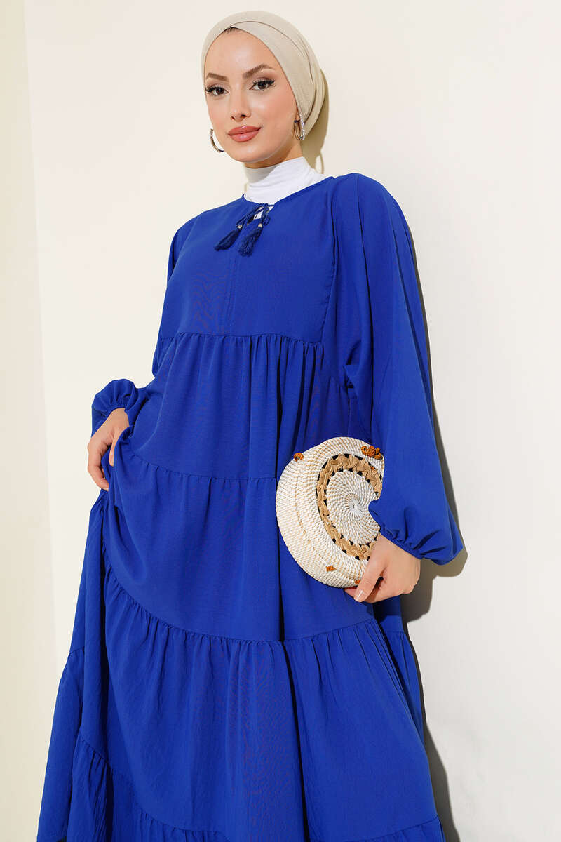 Yakası İpli Kat Model Elbise Saks AY1529