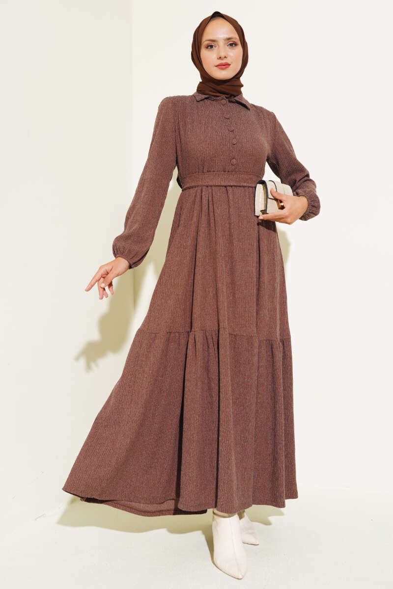 Yarım Düğmeli Bürümcük Elbise Kahve AY1569