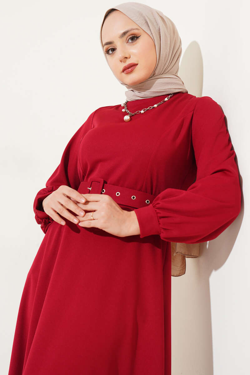 Kemerli Basic Elbise Bordo AY1595