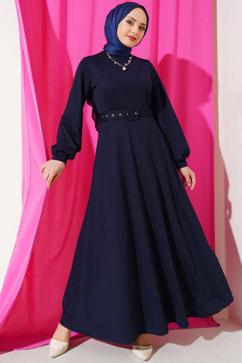 Kemerli Basic Elbise Lacivert AY1595