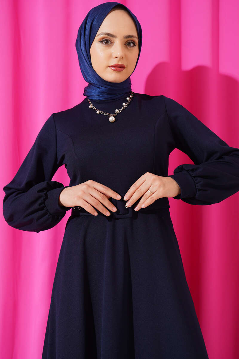 Kemerli Basic Elbise Lacivert AY1595