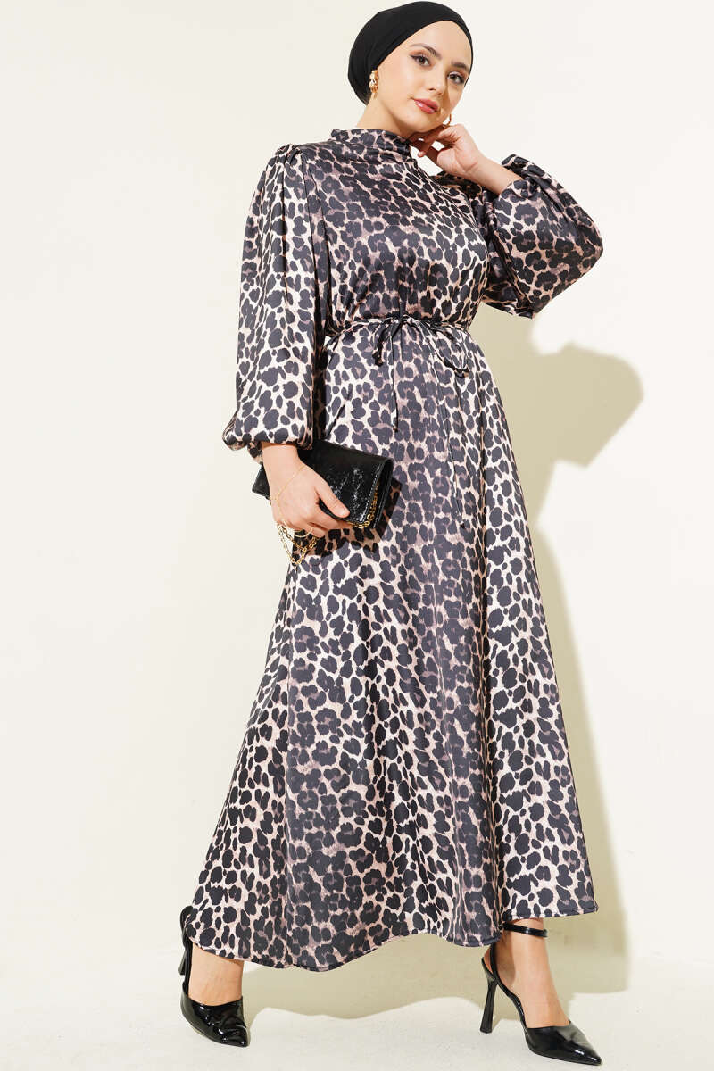 Leopar Desenli Balon Kol Saten Elbise Leopar AY1615