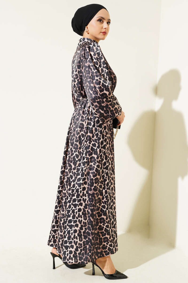 Leopar Desenli Balon Kol Saten Elbise Leopar AY1615
