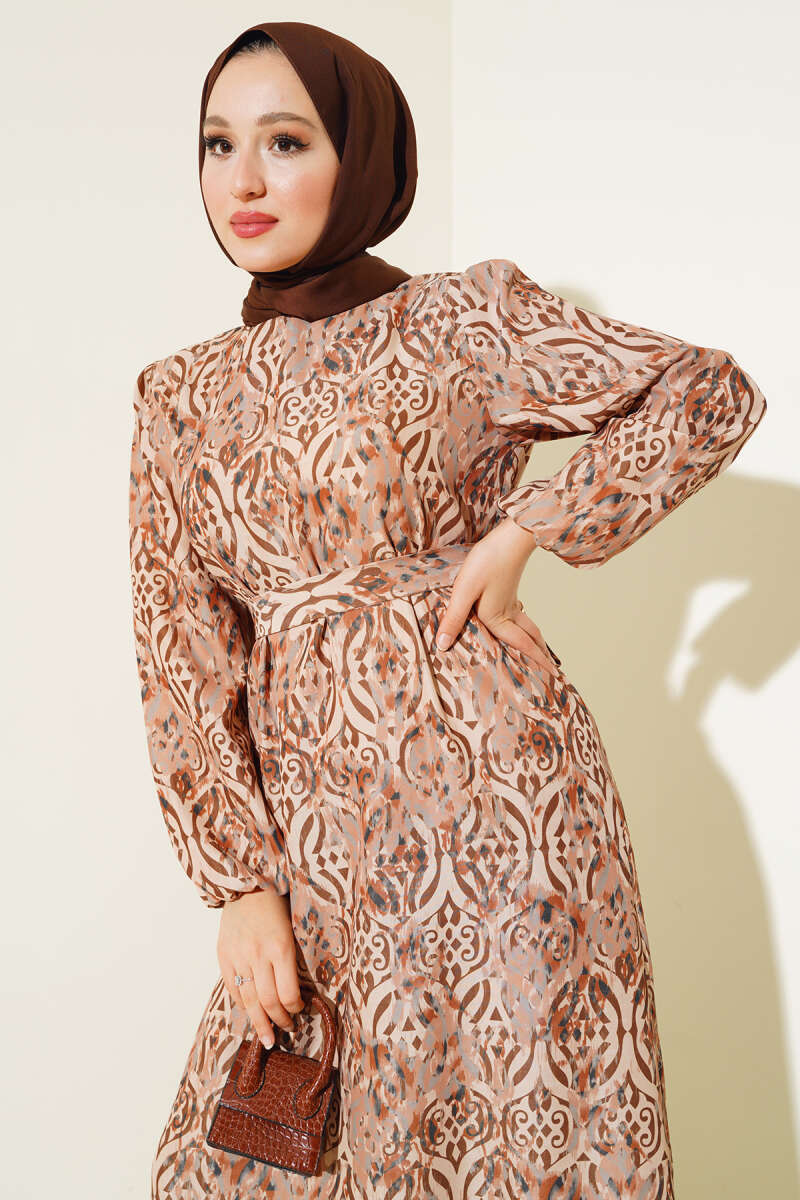 Etnik Desen Volanlı Elbise Camel AY1087