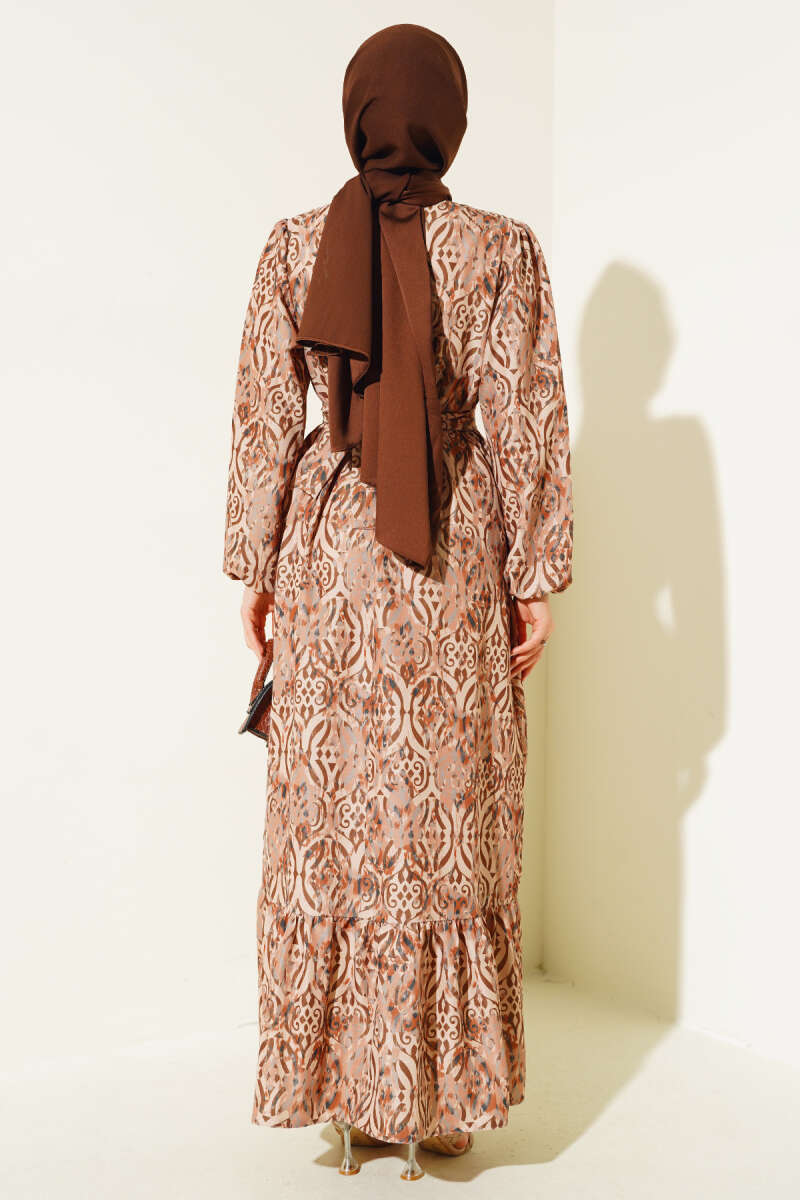 Etnik Desen Volanlı Elbise Camel AY1087