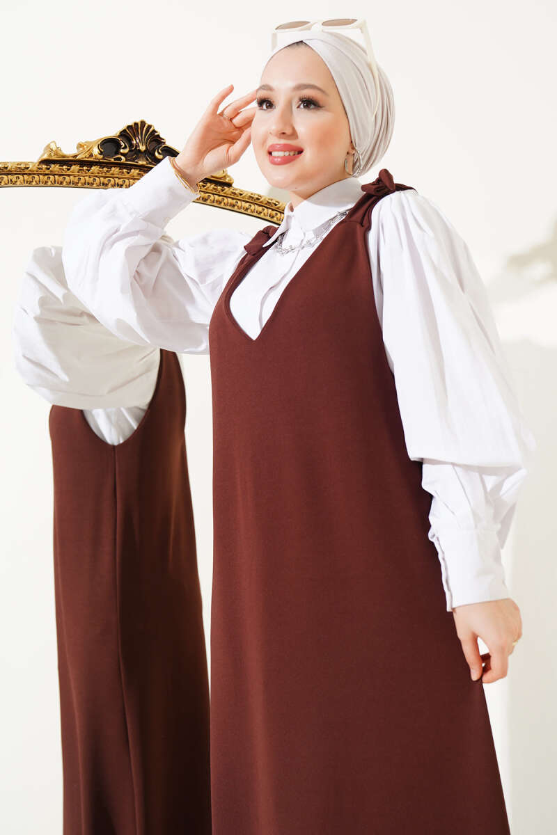	 V Yaka Omuz Bağlamalı Jile Elbise Kahve AY1617