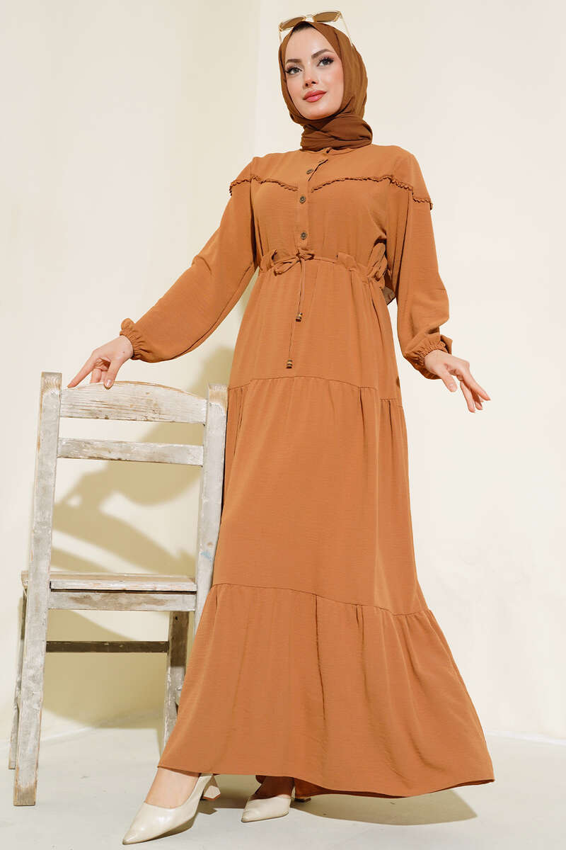 Önü Yarım Düğmeli Kat Kat Elbise Camel AY797