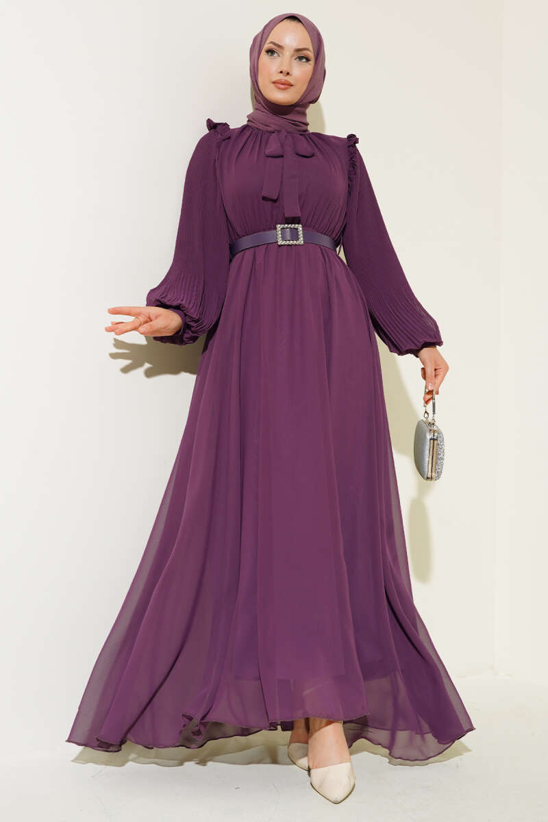 Kolları Piliseli Elbise Violet AY1187