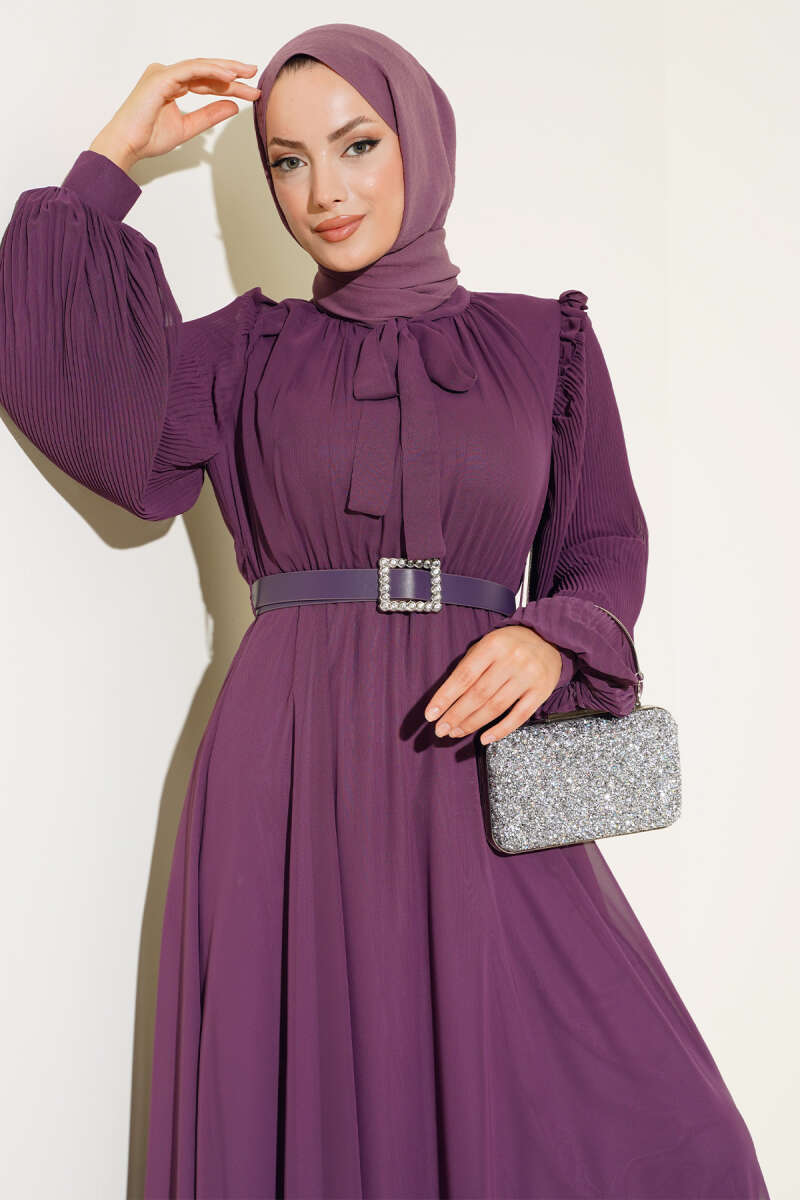 Kolları Piliseli Elbise Violet AY1187