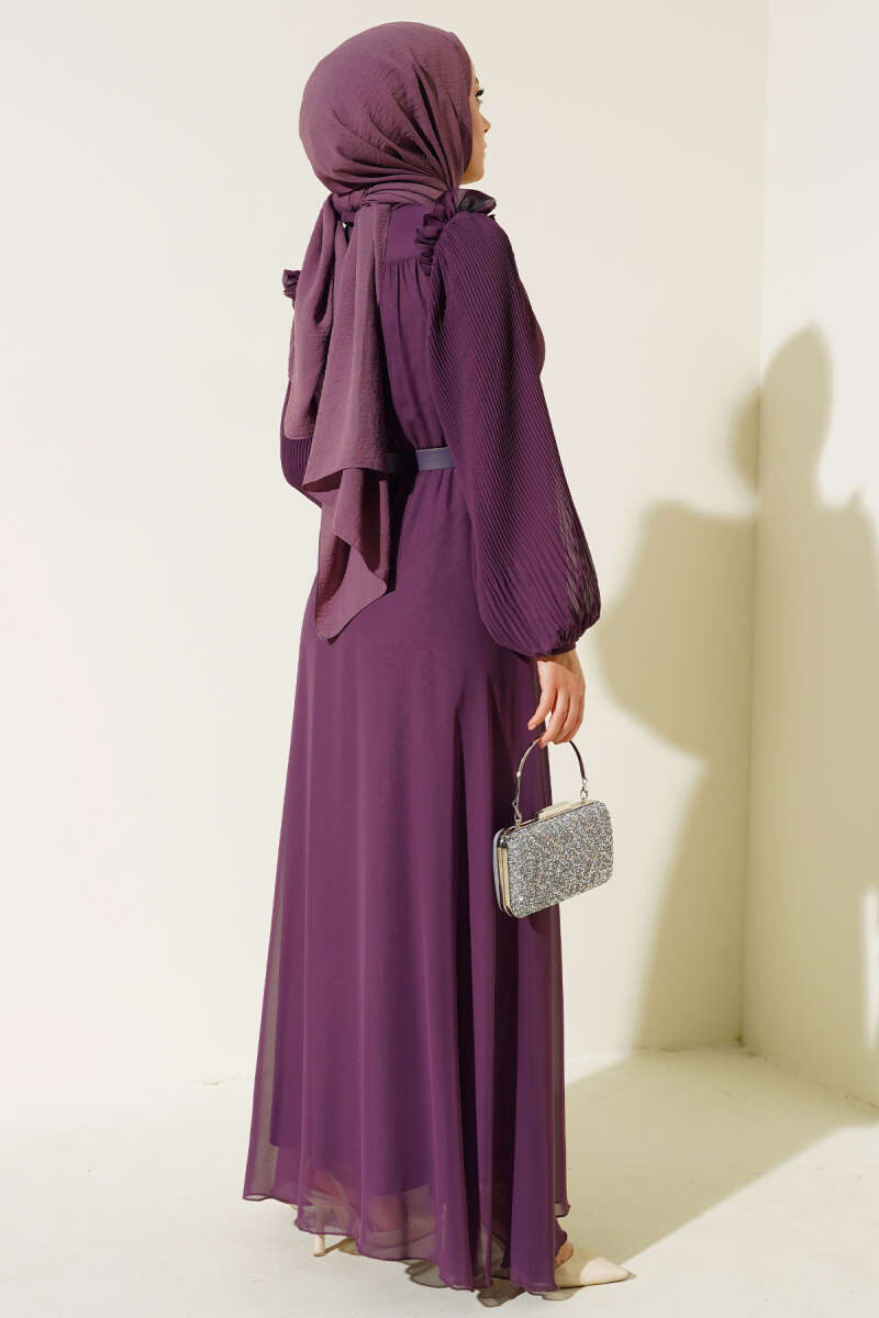 Kolları Piliseli Elbise Violet AY1187