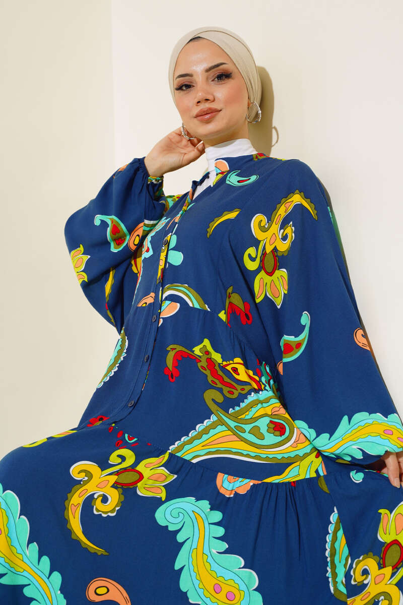 Desenli Patlı Elbise Lacivert AY1364