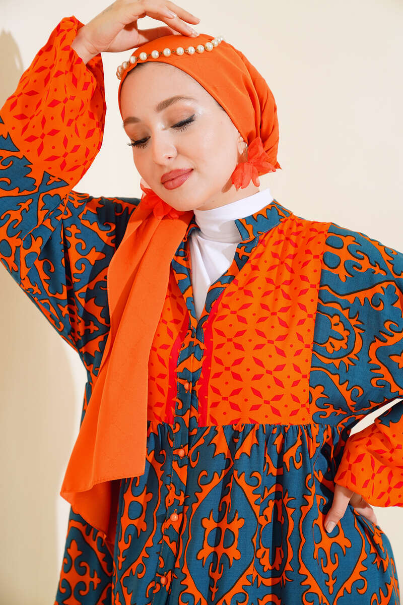 Bilekleri Lastikli Desenli Elbise Oranj Füme AY937