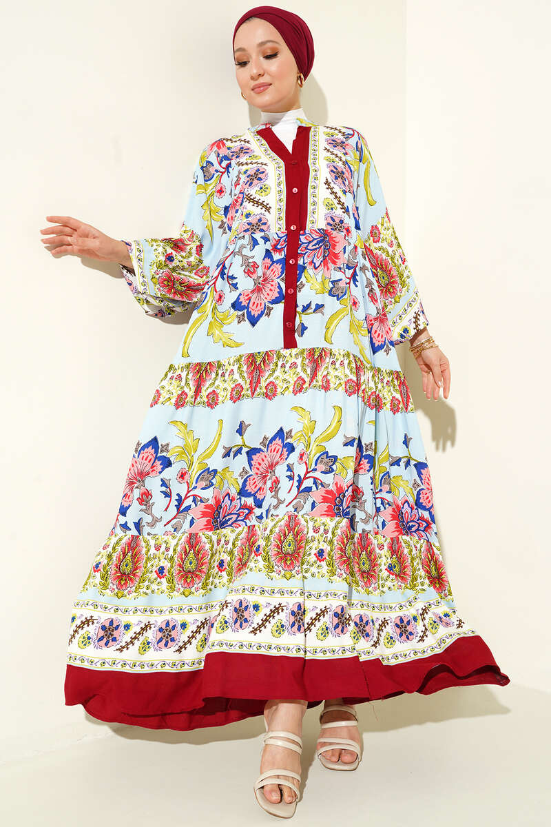 Dokuma Kloş Elbise Bordo AY1364