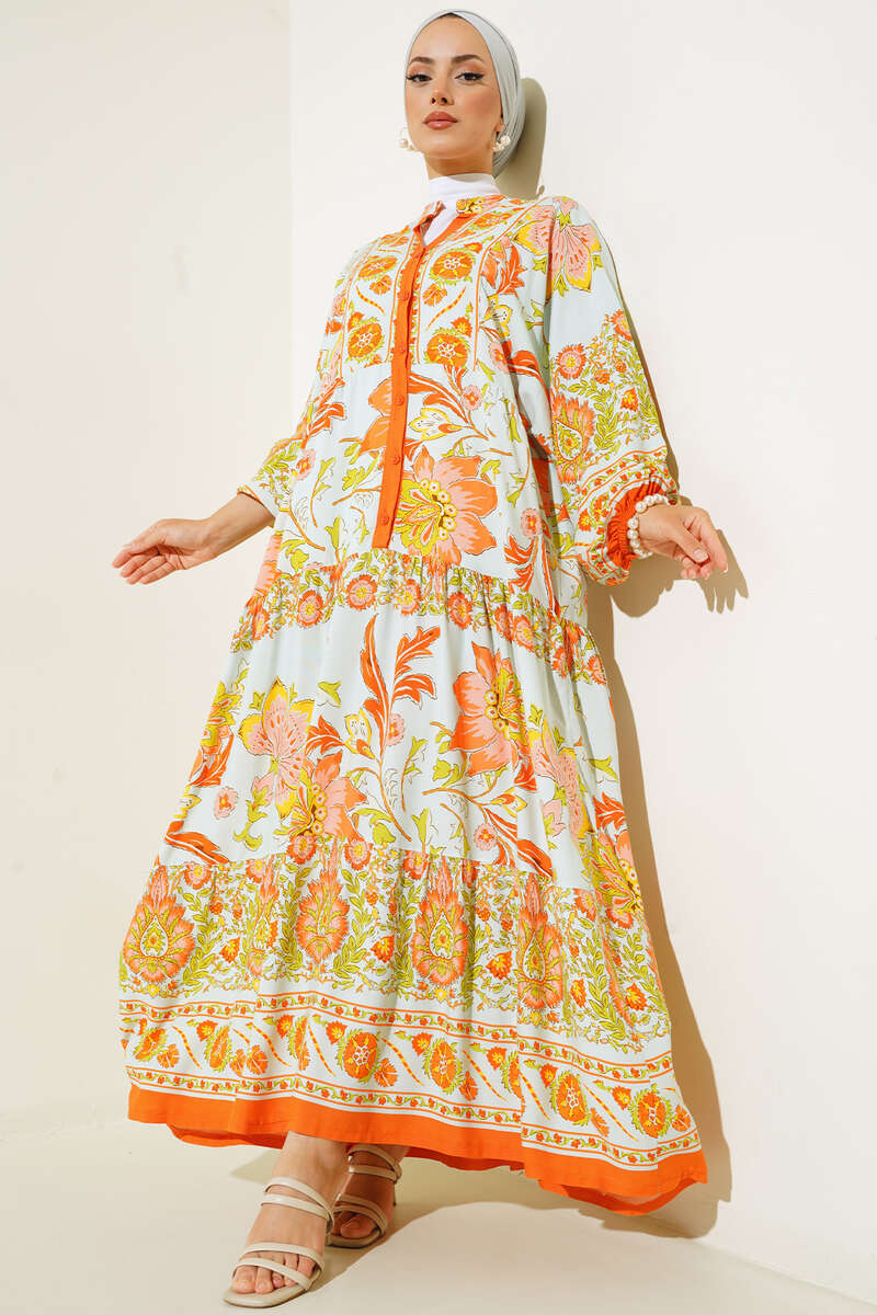 Dokuma Kloş Elbise Oranj AY1364