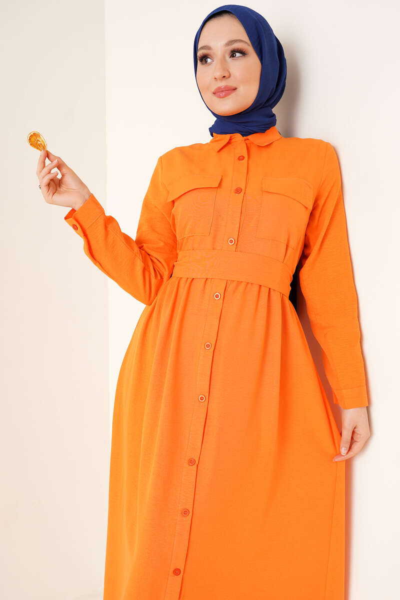 Boydan Düğmeli Elbise Oranj AY2458