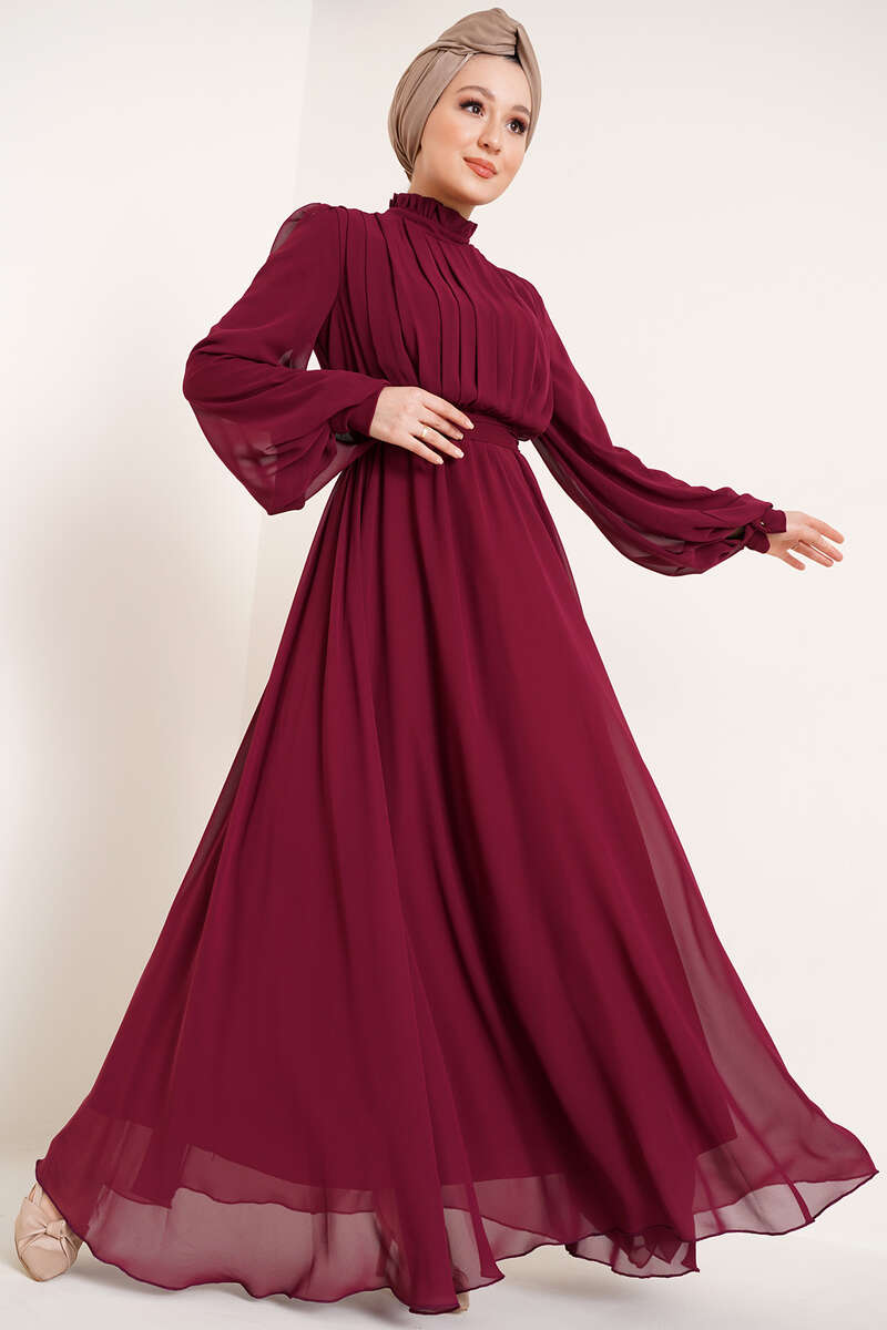 Göğsü Piliseli Şifon Elbise Bordo AY3536