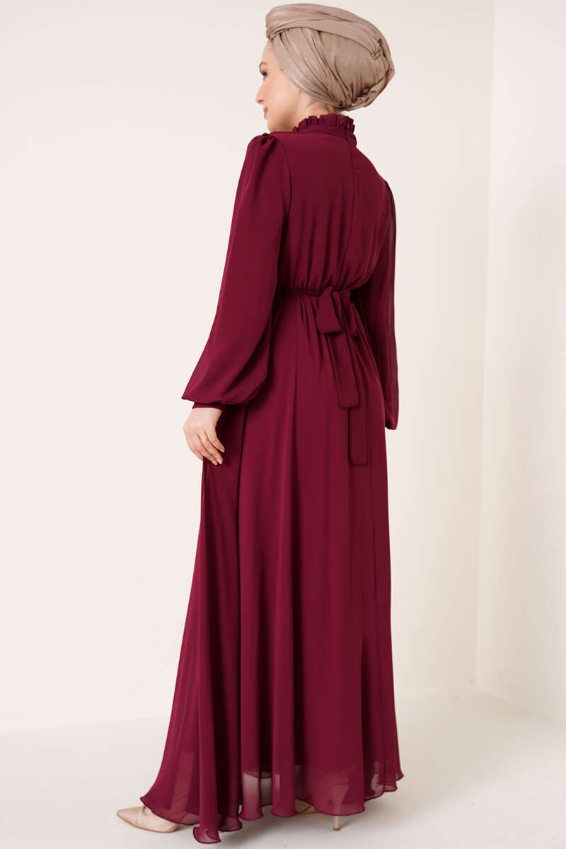 Göğsü Piliseli Şifon Elbise Bordo AY3536