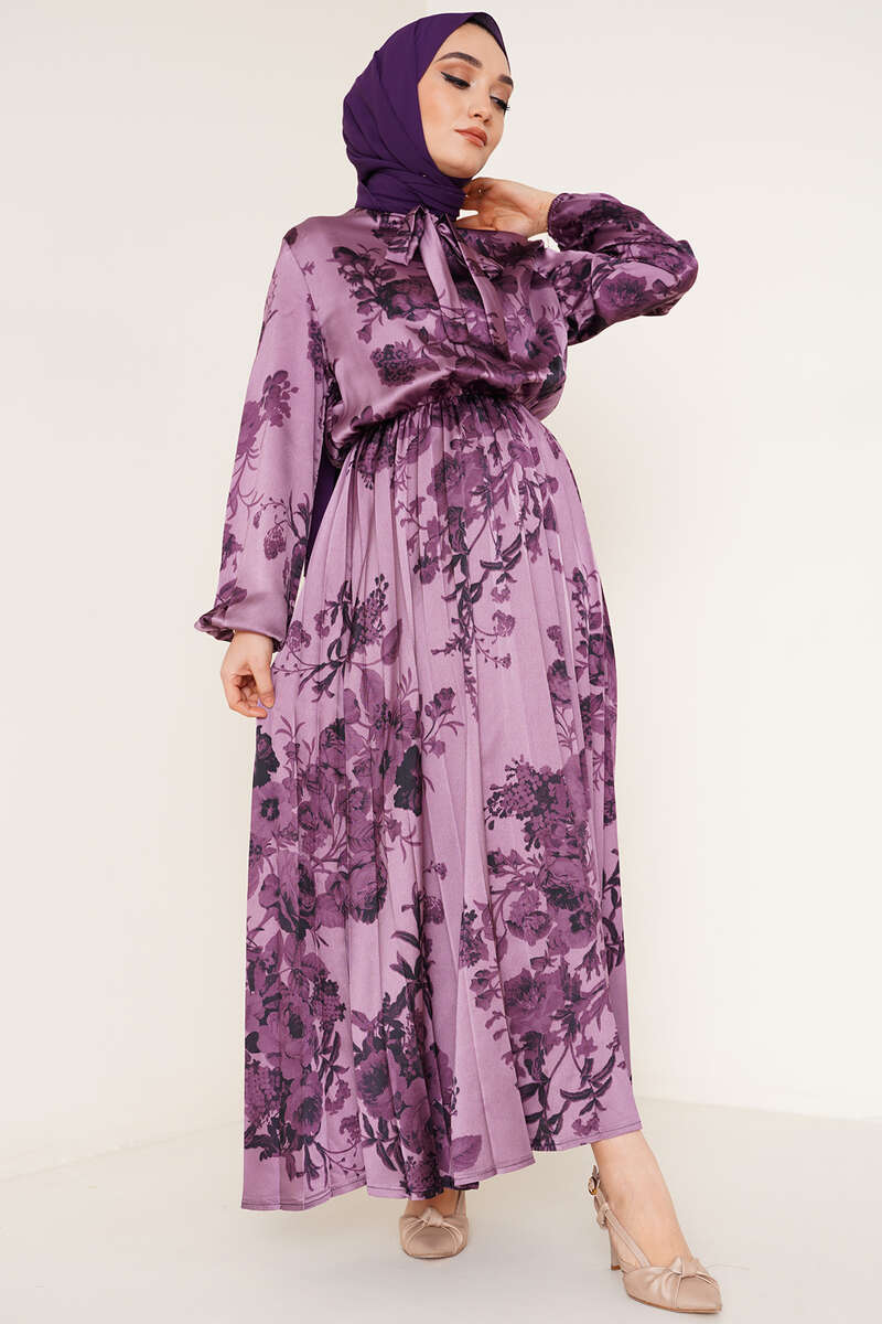 Yakası Kuşaklı Saten Elbise Magenta AY3542