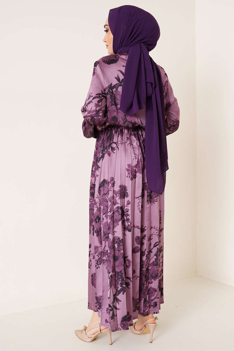 Yakası Kuşaklı Saten Elbise Magenta AY3542