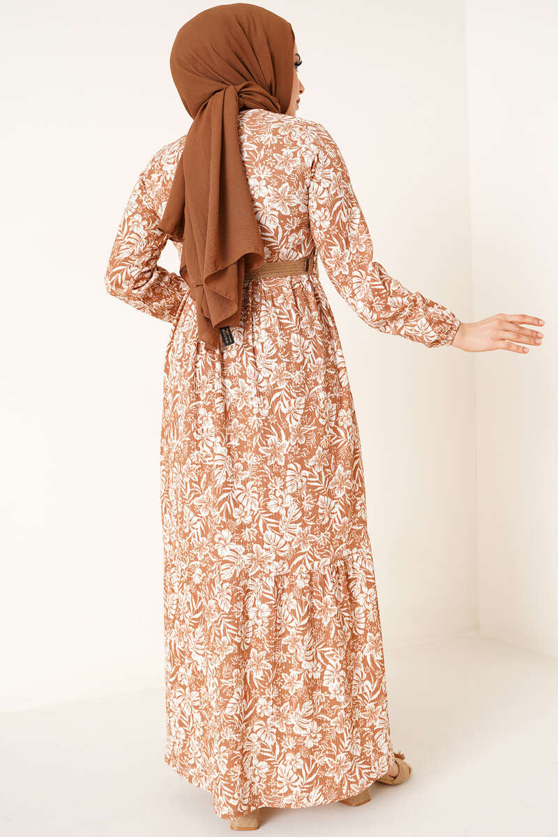 Hasır Kemer Bürümcük Elbise Camel AY2166