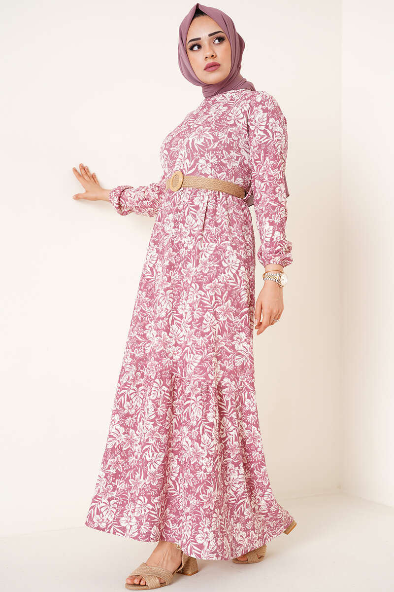 Hasır Kemer Bürümcük Elbise Magenta AY2166