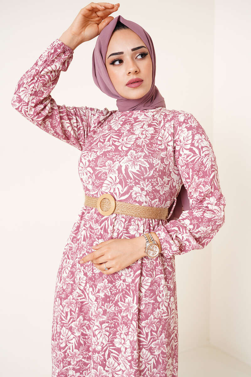 Hasır Kemer Bürümcük Elbise Magenta AY2166
