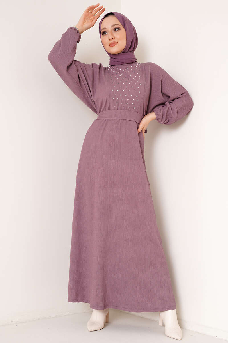 Parlak Taşlı Bürümcük Elbise Magenta AY3592