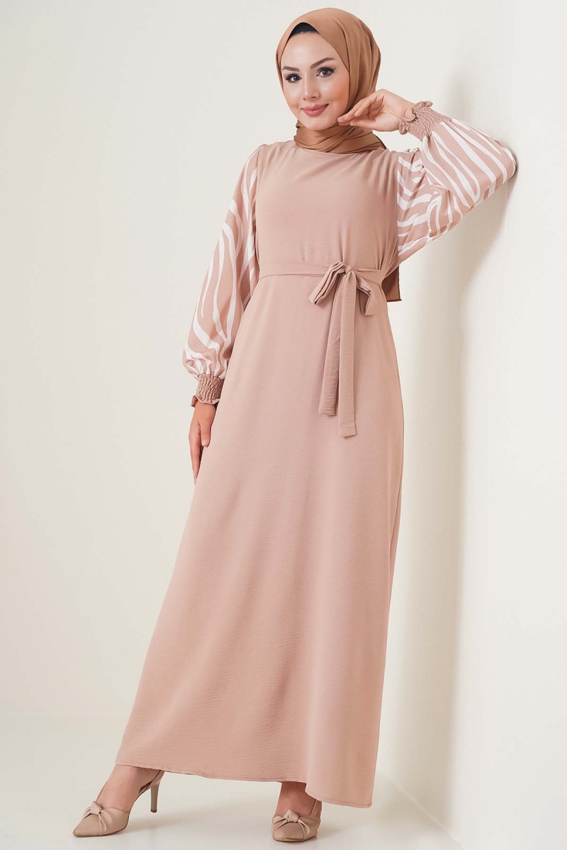 Kolları Zebra Desen Kuşaklı Camel Elbise  AY3648