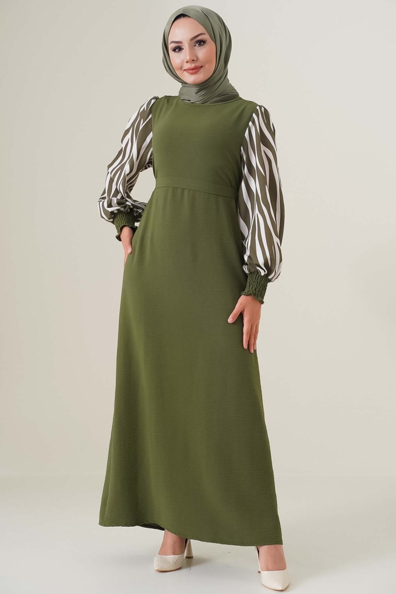 Kolları Zebra Desen Kuşaklı Haki Elbise  AY3648