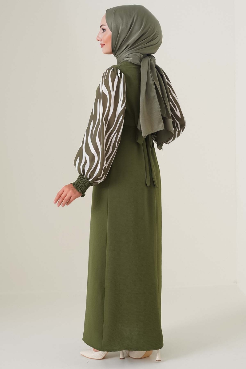 Kolları Zebra Desen Kuşaklı Haki Elbise  AY3648