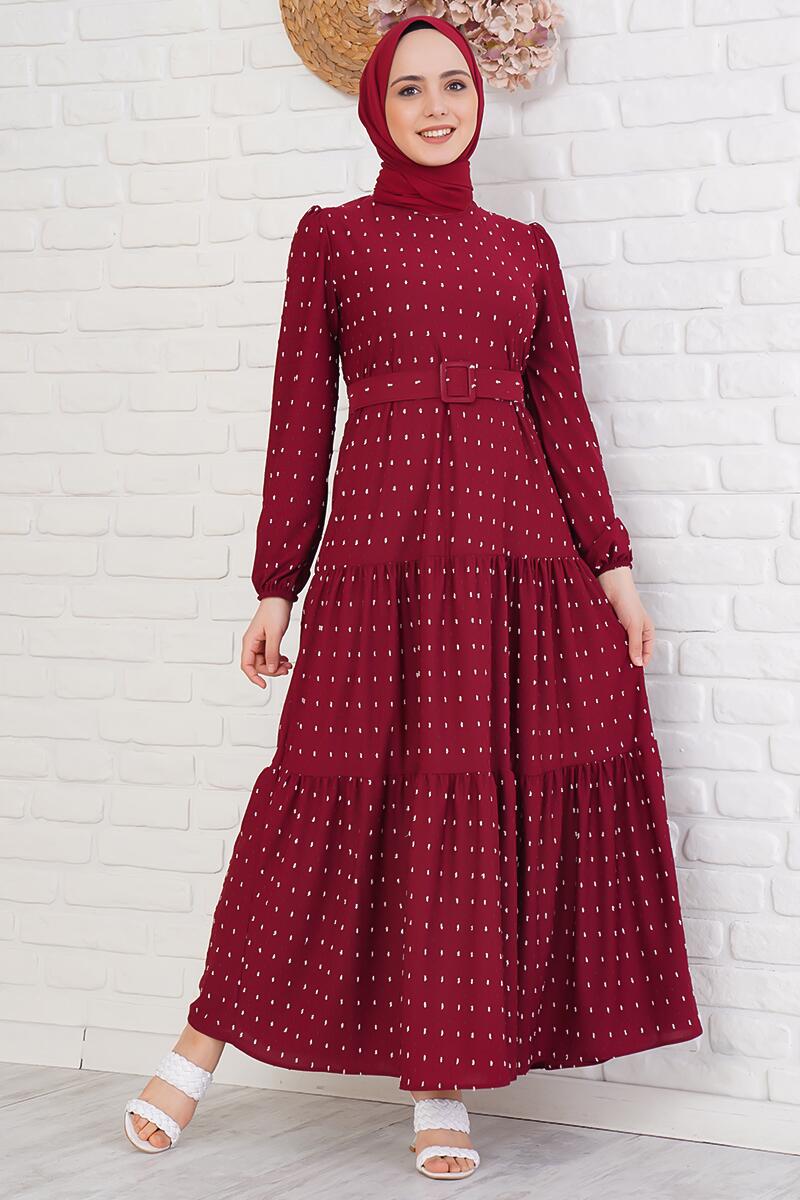 Pıpıt Desenli Kemerli Bordo Elbise AY3654
