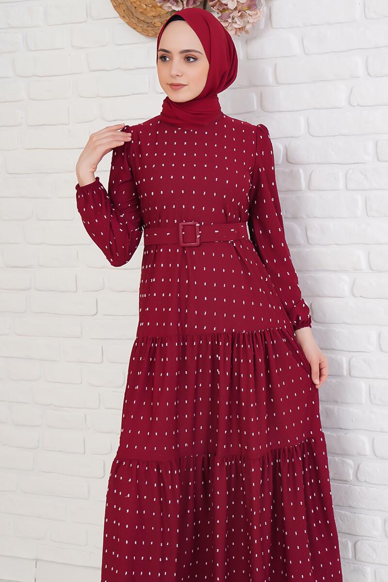 Pıpıt Desenli Kemerli Bordo Elbise AY3654