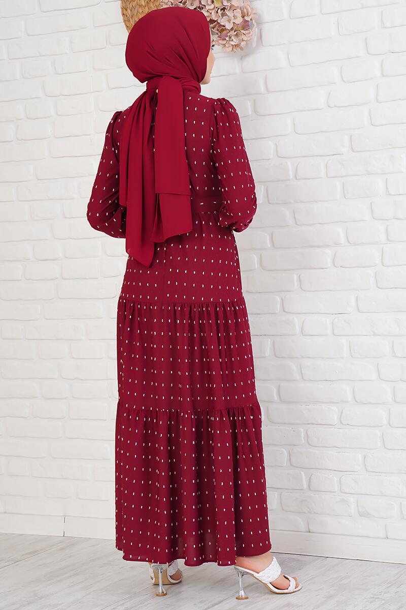 Pıpıt Desenli Kemerli Bordo Elbise AY3654